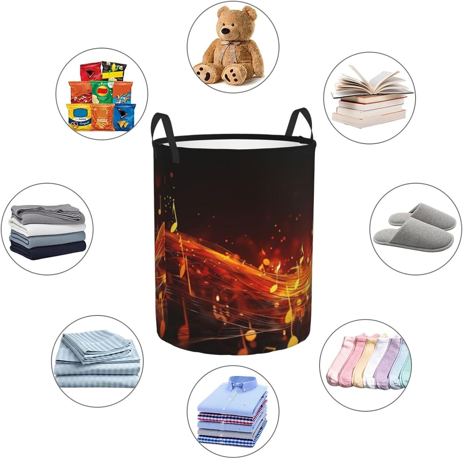 Red Flame Music Note Laundry Basket With Handles, Foldable Laundry Hamper Oxford Cloth Dirty Clothes Basket Waterproof Clothes Toys Storage Bin Organizer for Bedroom Bathroom Dorm image 4