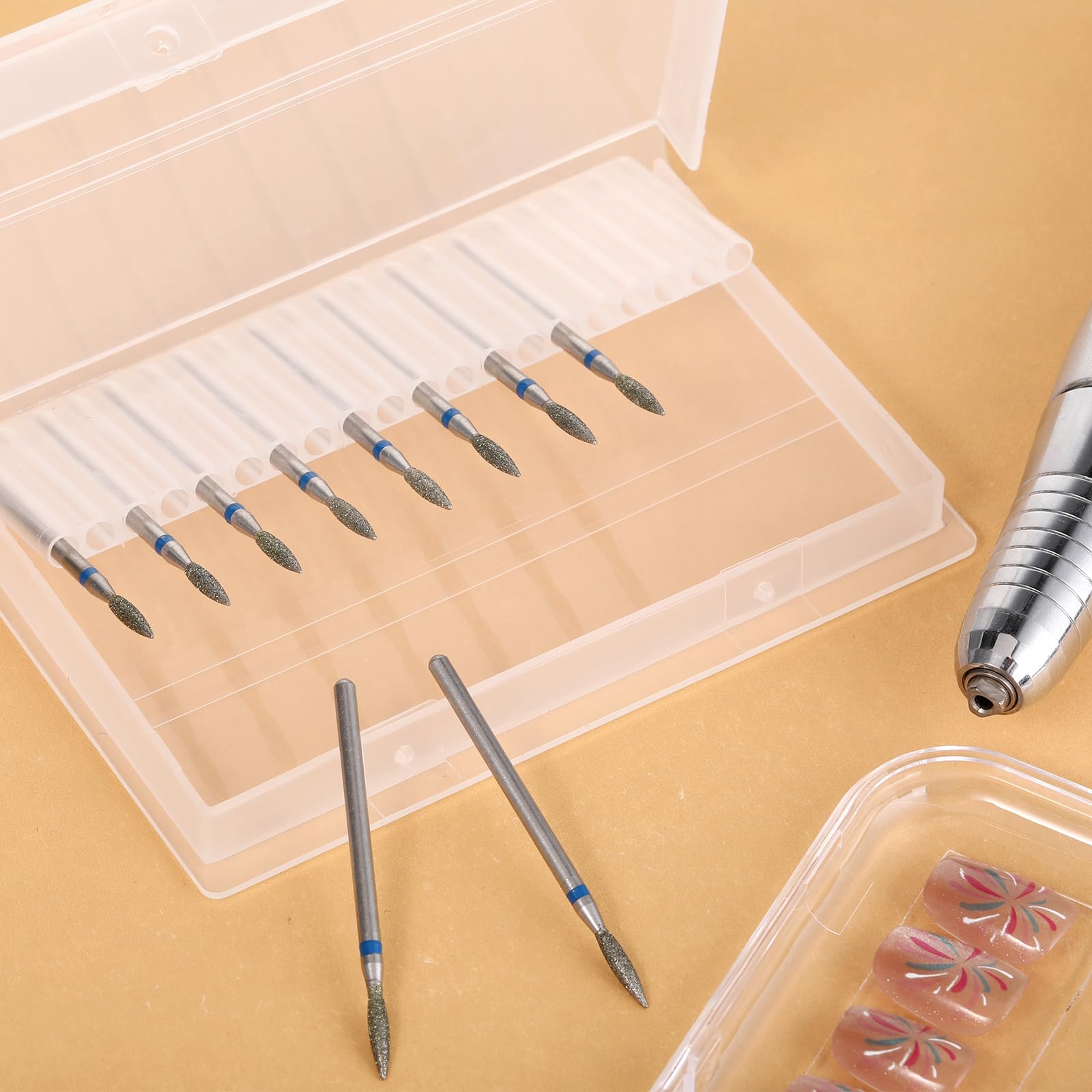 10 brocas para cutículas de llama de diamante con funda, 3/32 pulgadas, para limpiar cutículas, brocas para uñas, máquina eléctrica de limado de uñas, kit de pulido de cutículas para manicura y