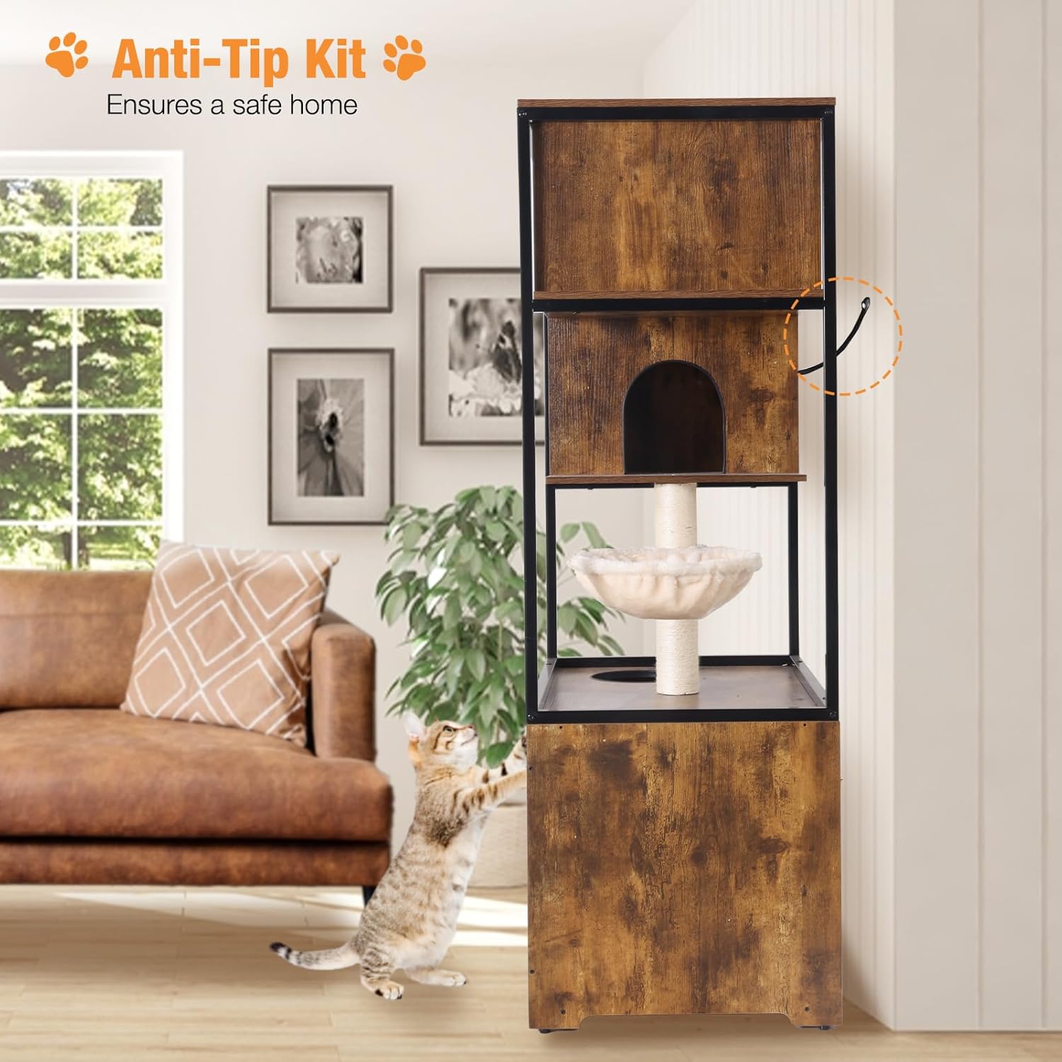 Cat Litter Box Enclosure,Hidden Litter Box Furniture with Metal Frame,Wooden Kitty House with Barn Door,Wooden Cat Washroom Furniture,Fit Most of Litter Box (Wood, M)