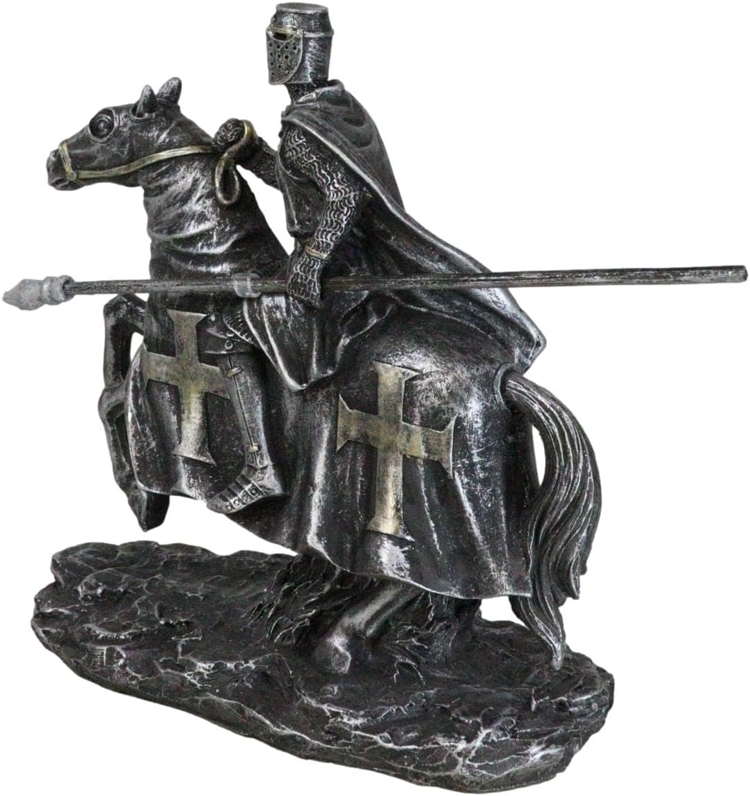 Ebros Gift Medieval Tournament Suit of Armor Crusader Knight with Javelin Spear Riding On Heavy Cavalry Horse Statue 6" Tall Renaissance Knighthood Horses Knights of The Cross Decor