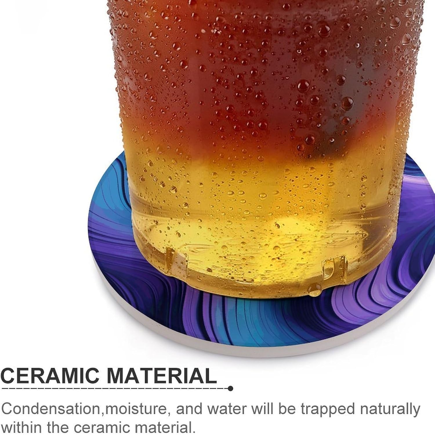 6PCS Wavy Purple Coasters Non-Slip Round Drink Coasters with Ceramic Stone and Cork Base, Heat Resistant Absorbent 33.00Stone Coaster Set for Kinds of Mugs and Cups, 4 Inch