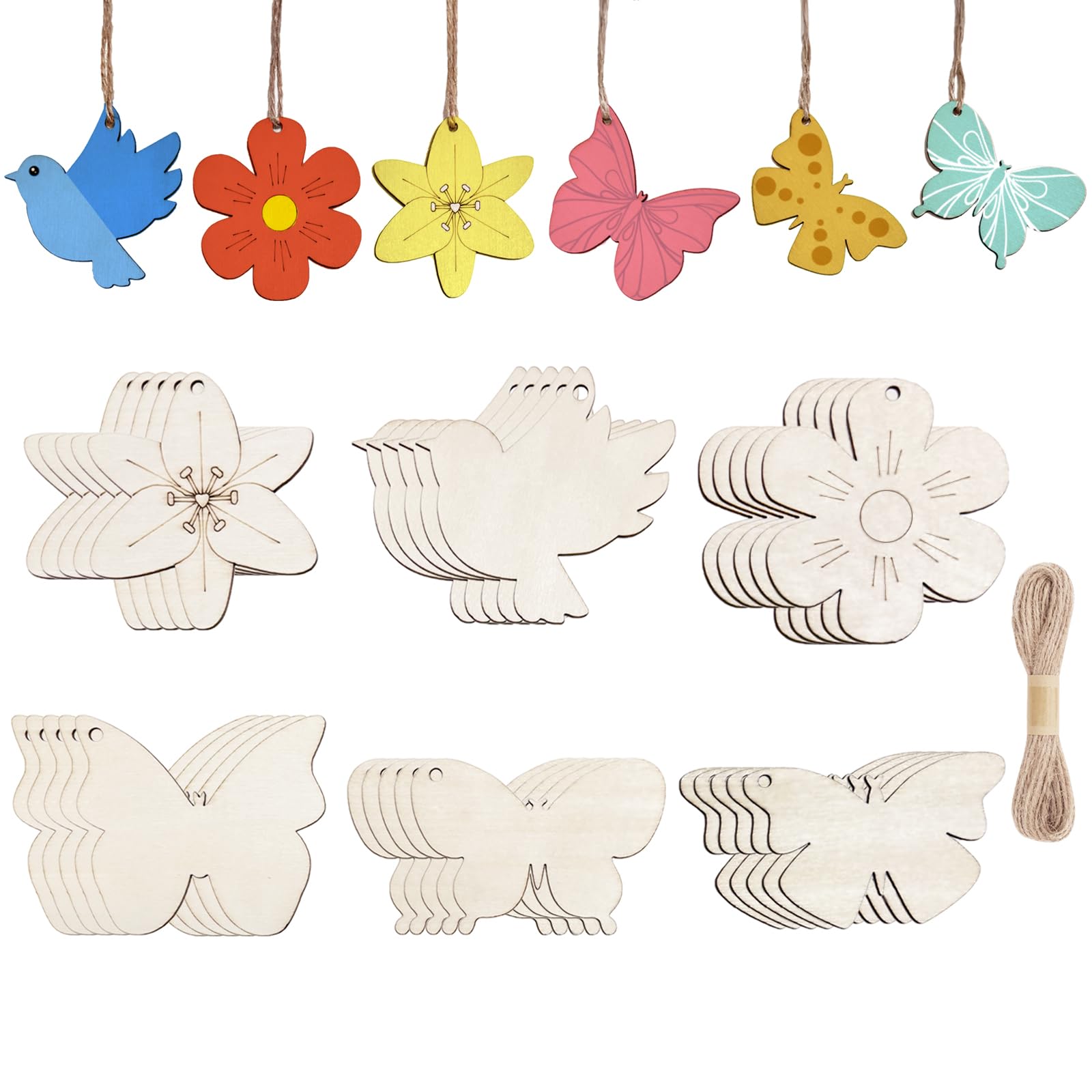 Atssetie 72pcs Wooden Craft Shapes, 7cm Wooden Butterfly Flower Bird Cutouts with Holes, Unfinished Blank Spring Wood Ornaments with 10M Jute Twine for Painting DIY Projects Craft Decoration