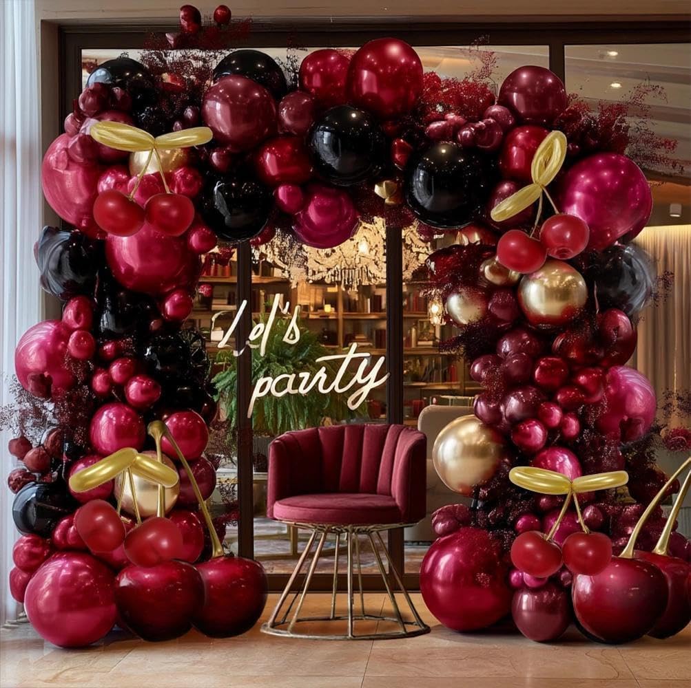 Burgundy Black Balloon Arch Double Stuffed Dark Ruby Red Black Maroon Gold Balloon Garland Kit for Birthday Wedding Bridal Shower Mothers Day Graduation Engagement Cherry Anniversary Party Decor