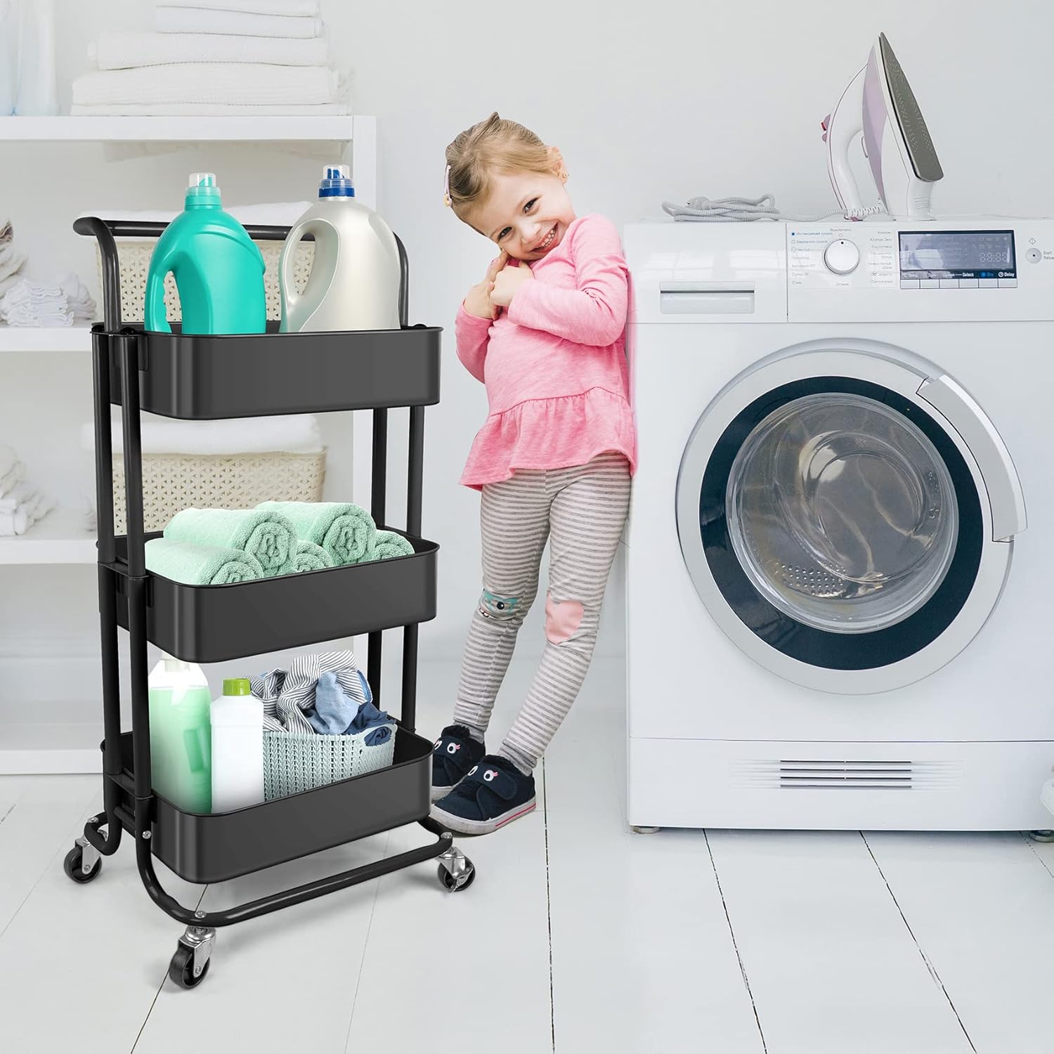 Homchwell 3 Tier Metal Utility Rolling Cart with Lockable Wheels, Multifunction Movable Storage Shelves Organizer Cart with Handle and Mesh Basket for Kitchen, Coffee Bar,Bathroom, Office