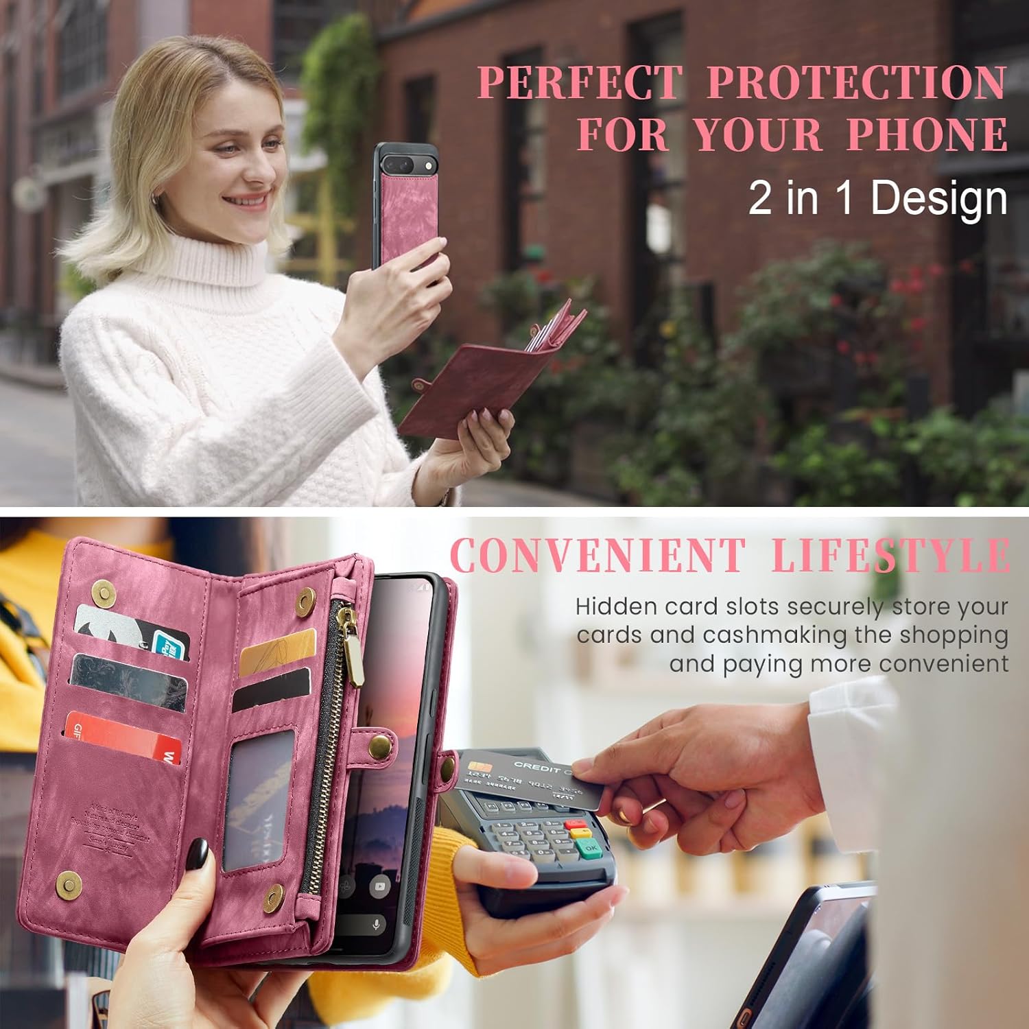 Asuwish Phone Case for Google Pixel 9/9 Pro 5G Zipper Wallet Detachable Cover with Tempered Glass Screen Protector and Leather Flip Credit Card Holder Cell Accessories Pixel9 9Pro Nine Women Men Red