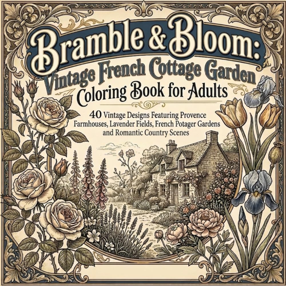 Bramble & Bloom: Vintage French Cottage Garden Coloring Book for Adults: 40 Vintage Designs Featuring Provence Farmhouses, Lavender Fields, French Potager Gardens, and Romantic Country Scenes
