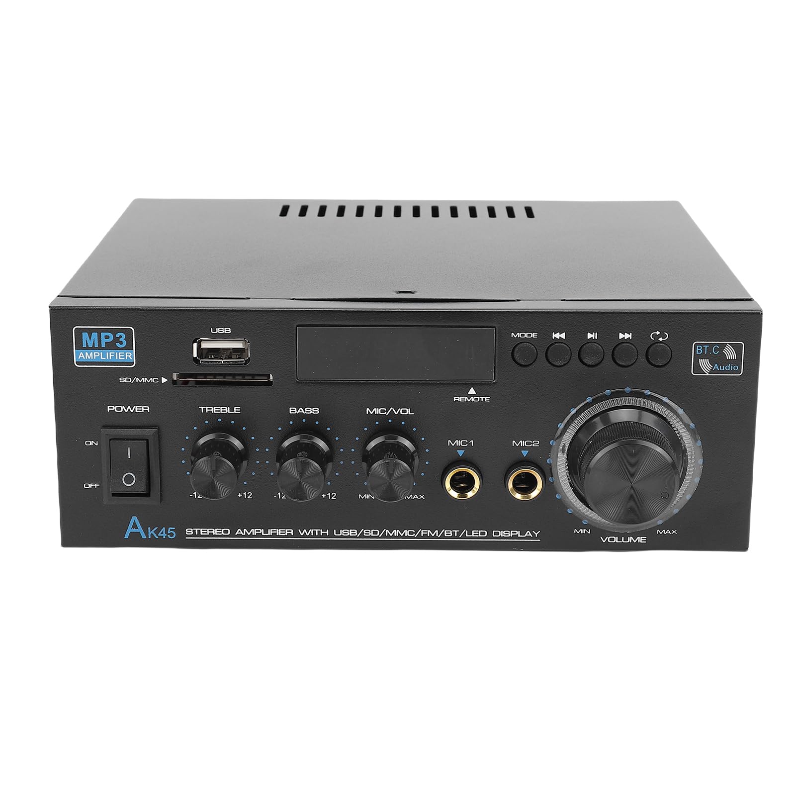 Wzmacniacz Audio Stereo, 50 W RMS na kanał, 400 W Mocy Szczytowej, 2.0-kanałowy Wzmacniacz Audio, 2.0-kanałowy Amplituner z Podwójnymi Wejściami mikrofonowymi. Gniazdo Karty Pamięci USB do