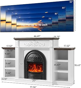 78 Birdcage-Style Electric Fireplace with Mantel, 46 Tall Fireplace TV Stand for 90 TV, Farmhouse Entertainment Center with Storage & Replaceable Insert Heater for Living Room, White+Walnut