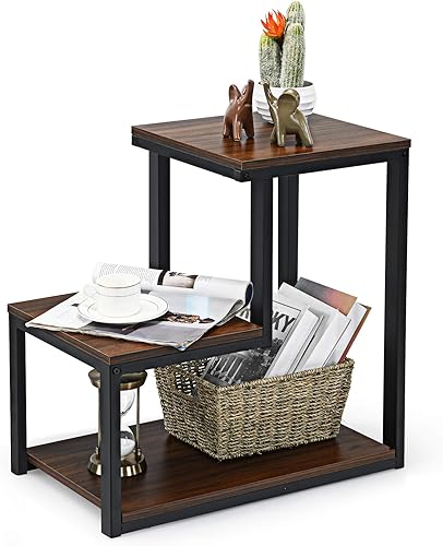 Miniatura 10 de Tangkula Mesa auxiliar de sofá de 3 niveles, mesita de noche con estante de almacenamiento, marco de metal resistente, mesa auxiliar para silla en