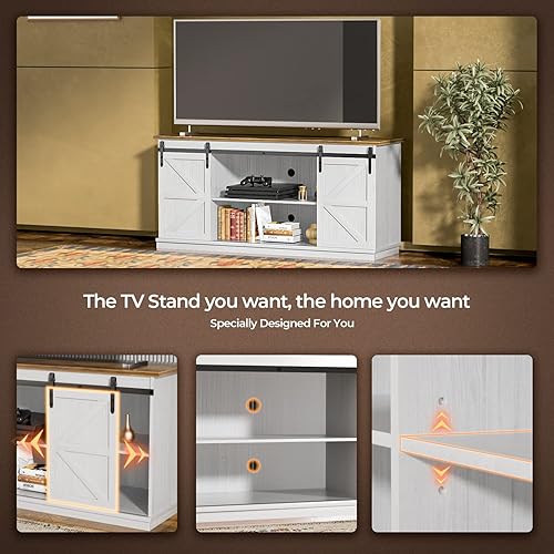 Miniatura 4 de ZPK Soporte de TV de granja para TV de 65 pulgadas, moderno soporte de televisión de mediados de siglo con puertas correderas de granero y armarios