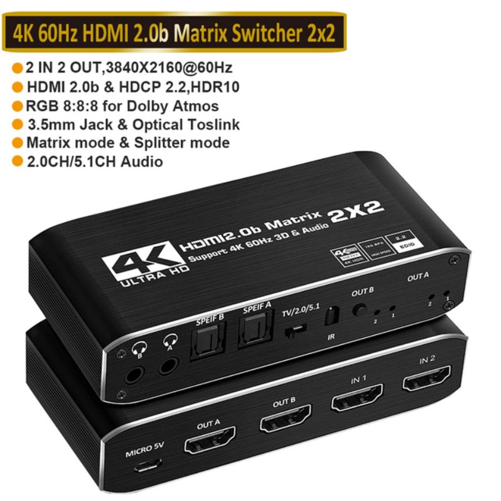 Splitter a matrice HDMI 2 in 2 Out HDMI Switcher UHD HDMI 2.0 2x2 Splitter con SPDIF e L/R per Laptop TV Console di gioco Supporto HDCP 2.2 ARC 3D 4K @ 60Hz