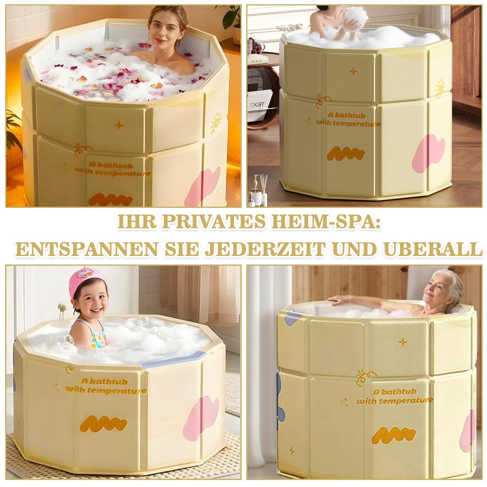 Vasca da bagno pieghevole giallo 70 x 70 cm, pieghevole per adulti, vasca da bagno pieghevole portatile, vasca da bagno separata, vasca SPA, ammollo, nessuna installazione per casa e all'aperto