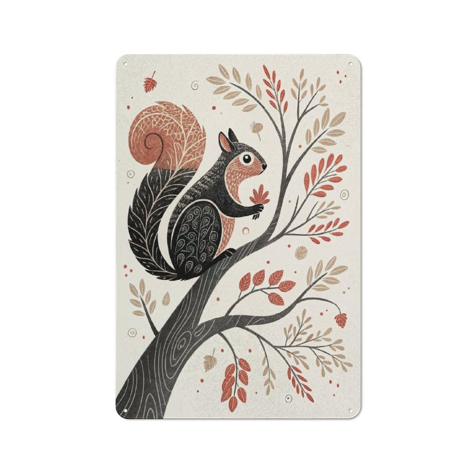 Junmoney Style-3 Stylized Squirrel In Autumn Tree Vintage Tin Sign 30X20cm For Garage Wall, For Everyday Room Decor With A Vintage Look