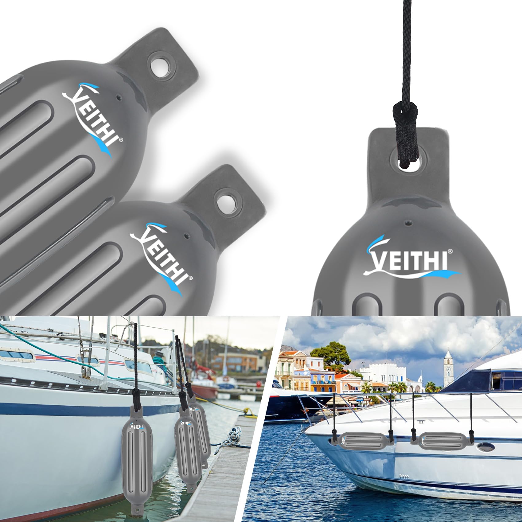 4.5/5.5/6.5/8.5/10/16 inch Boat Fenders 4 Pack,Ribbed Twin Eyes Vinyl Boat Bumpers Fenders,Boat Bumpers for Docking Come with Ropes Needles and Pump to Inflate