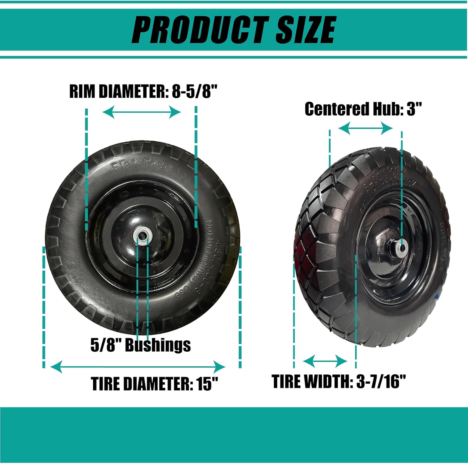 4.00-8 Solid Tire, 15" Heavy-Duty PU Wheelbarrow Replacement, Flat-Free Puncture Proof for Utility Carts & Garden Wagons, 5/8" Bushing, 2-Pack