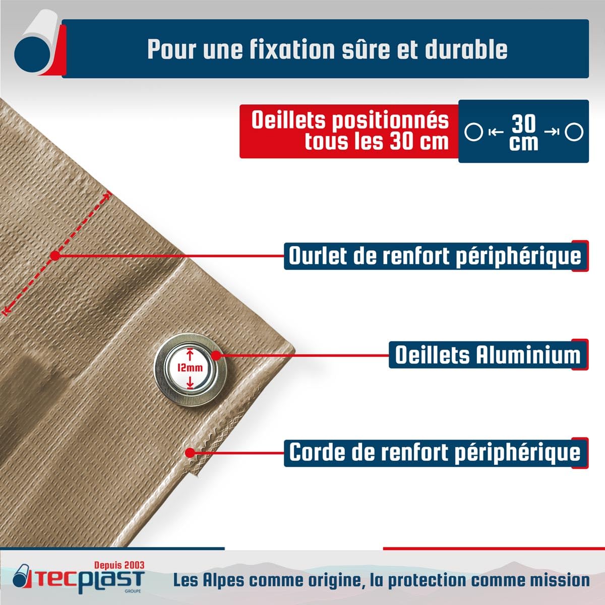 TECPLAST Pack Toile Pergola Beige foncé 3x4 m + Sandow Ivoire 20m - Bâche Pergola prête à Poser LP506PR Garantie 5 Ans