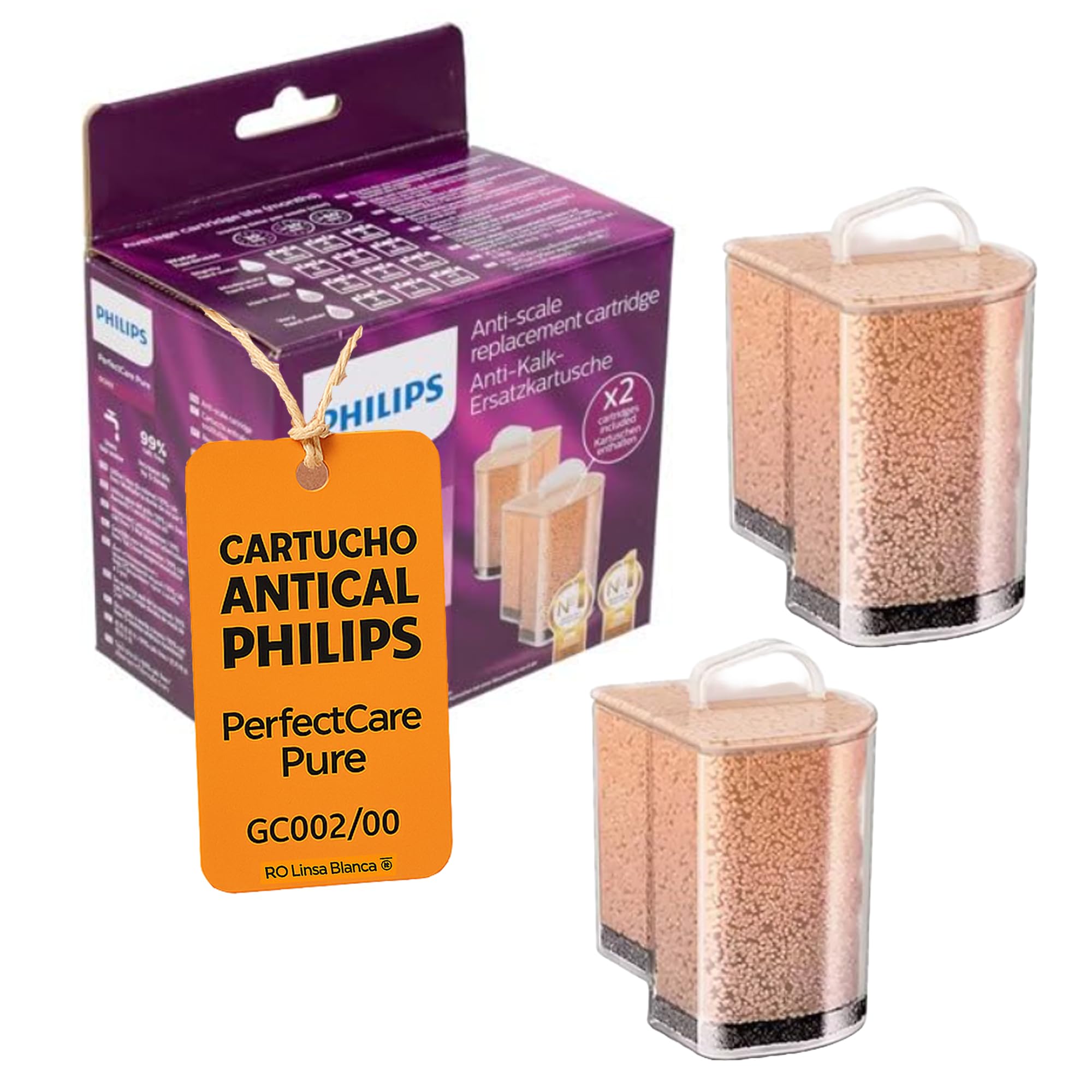 RO Linea Blanca ® Cartucho Antical Universal Pack 2 Unidades Ref 423902178460 GC002/00 Compatible Con Philips PerfectCare Pure Series GC7600 GC7620 GC7635 GC7640 Reduce Cal 99% Protege Caldera