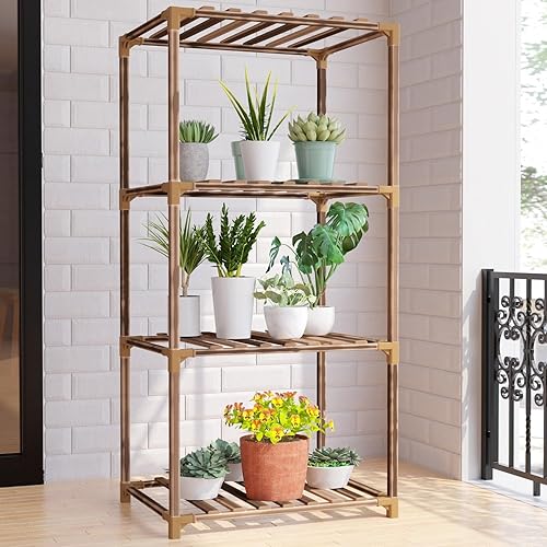 Miniatura 5 de New England - Soporte de madera para plantas de 4 niveles para uso en interiores y exteriores, perfecto para sala de estar, patio o balcón, soporta
