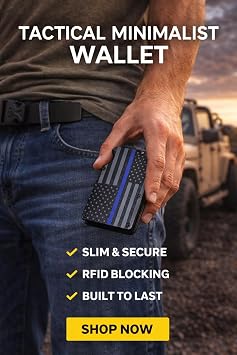 Black & Gray American Flag Engraved, Minimalist Wallet, RFID Blocking Aluminum Slim Wallet With Money Strap (Blue Line with Money Clip)