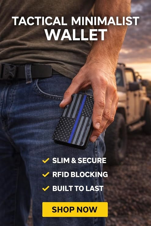 Black & Gray American Flag Engraved, Minimalist Wallet, RFID Blocking Aluminum Slim Wallet With Money Strap (Blue Line with Money Clip)