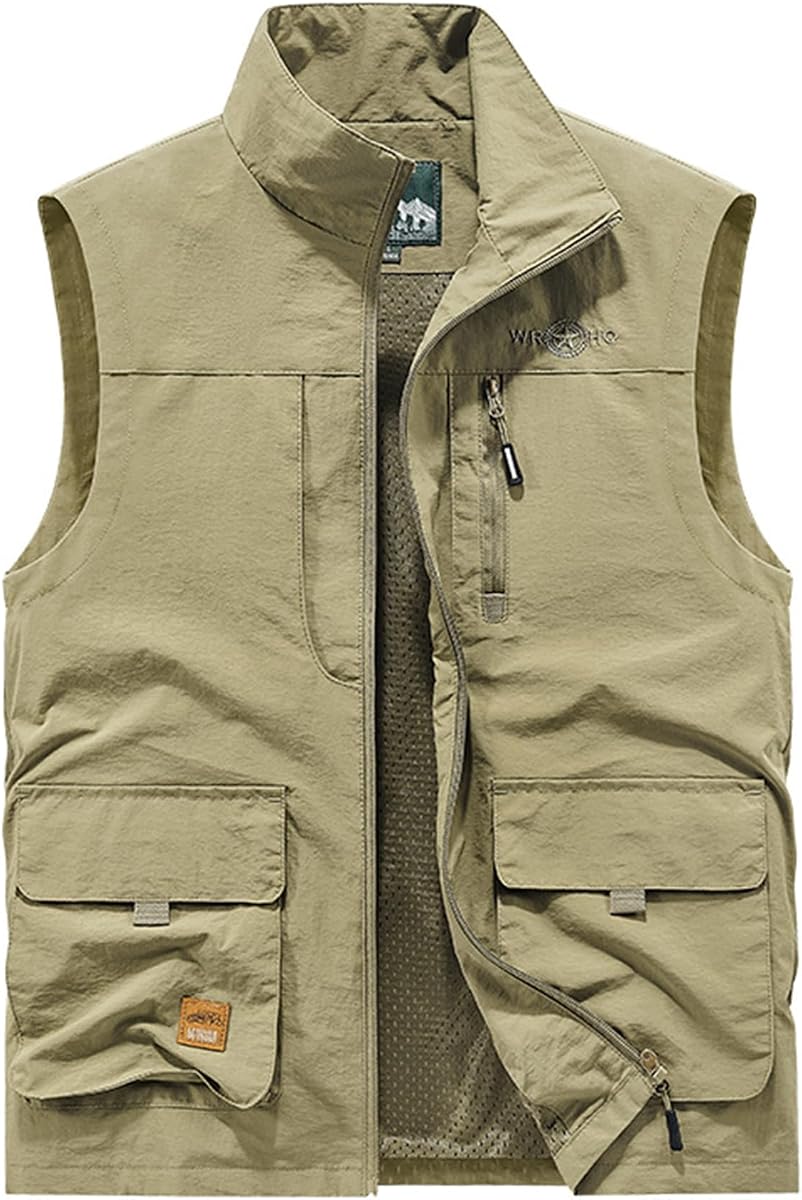 Gihuo Chaleco ligero para exteriores para hombre, de secado rápido, con múltiples bolsillos, para viajes, safari, pesca (Khaki01-M)