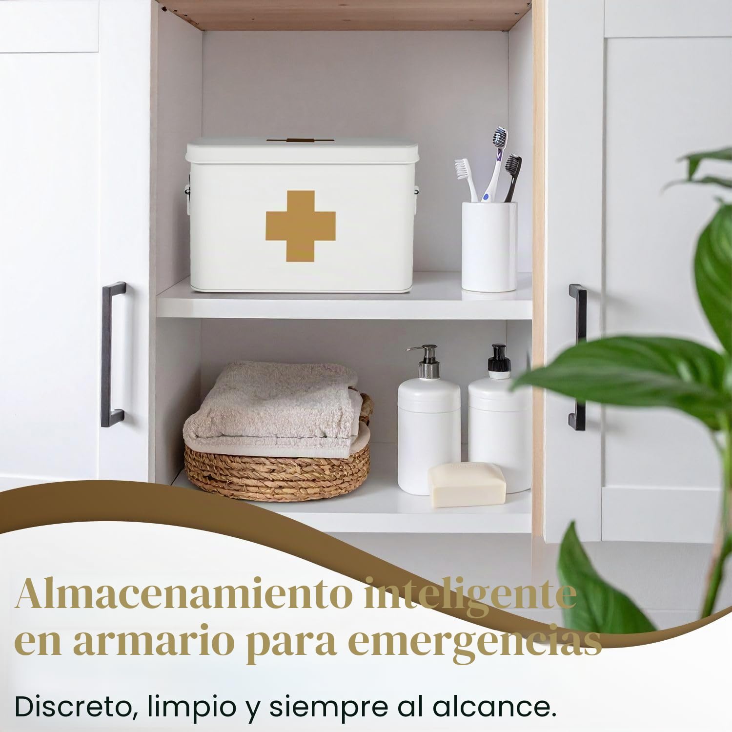 Flexzion Caja organizadora de primeros auxilios para medicamentos, kit de suministros – Caja de almacenamiento vacía de metal blanco de 13 pulgadas con bandeja extraíble con cruz dorada, cajas