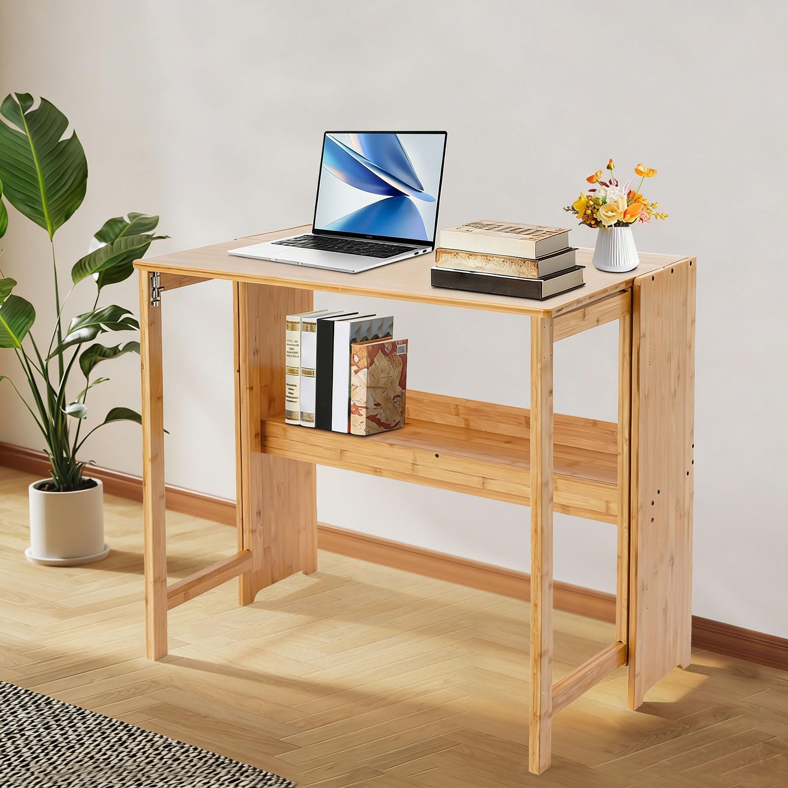 Scrivania pieghevole 83 x 54 cm, segretario salvaspazio con libreria, per ufficio, soggiorno e camera da letto, colore legno