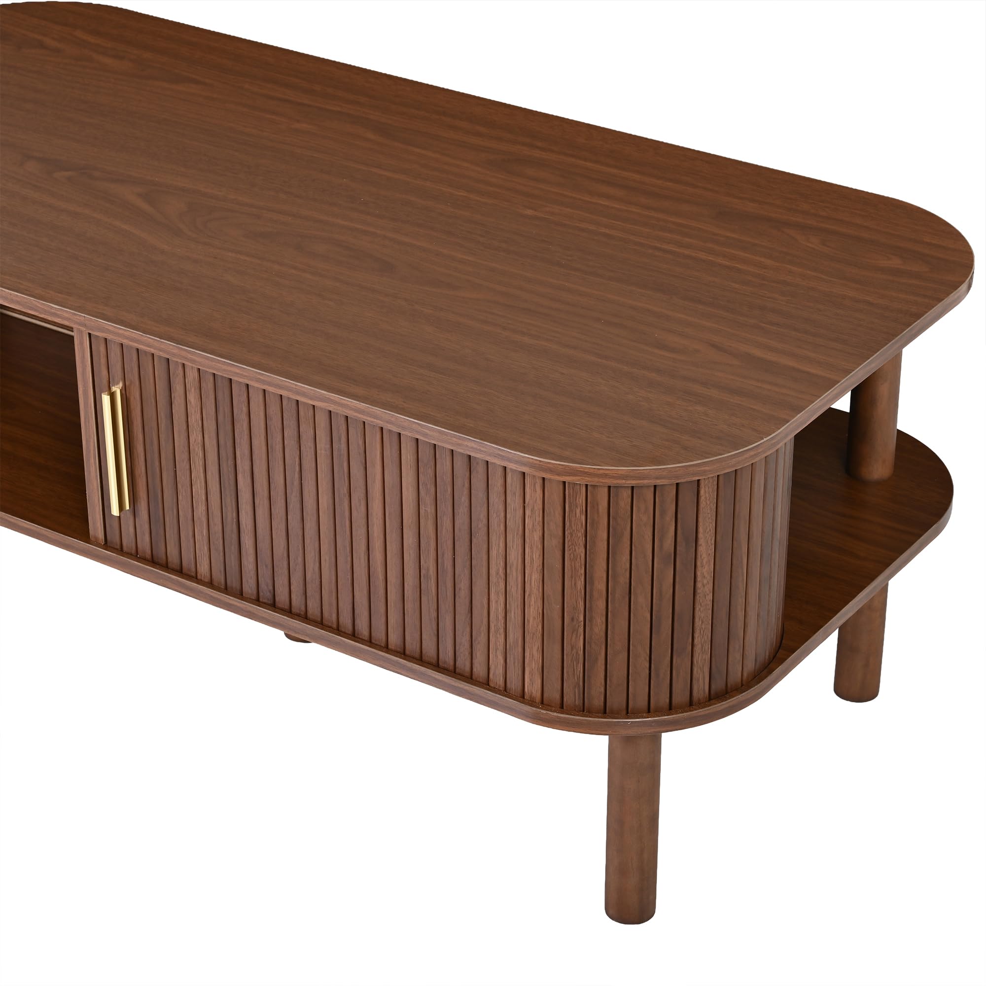 Couchtisch 110x55x45cm aus MDF, Skandinavischer, Rolltor, offene Fächer, Stauraum, belastbar 60 kg, Walnussholzfarbe
