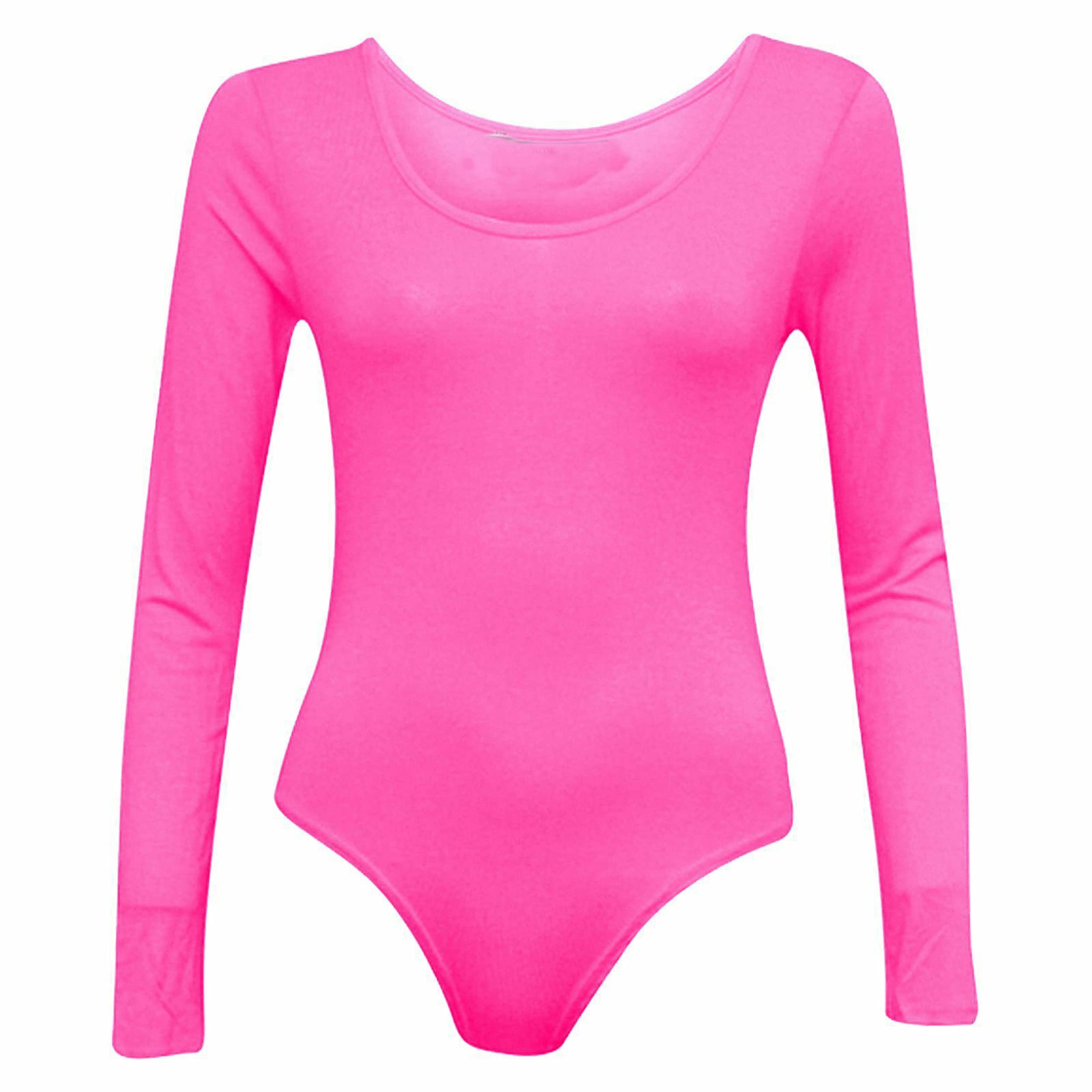 Red Olives Women's Neon Pink Red Olives® Plain Long Sleeve Scoop Neck Leotard Top Bodysuit Uk 8-14 (8-10, )
