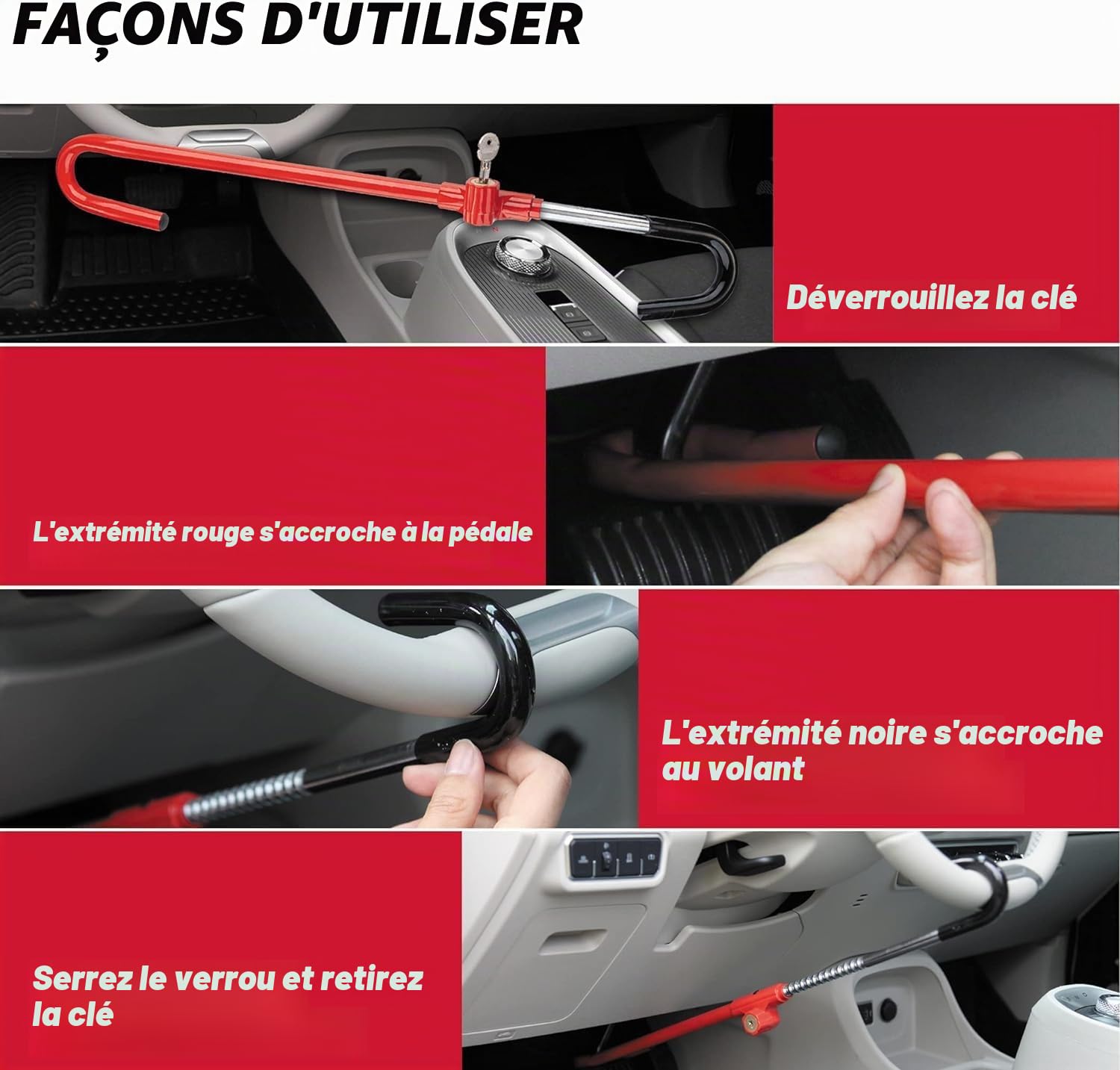 CARTMAN Verrouillage de frein de volant pour véhicule, antivol, verrouillage de pédale de frein de sécurité avec longueur réglable, ajustement pour la distance entre le volant et la pédale de 21 à 30