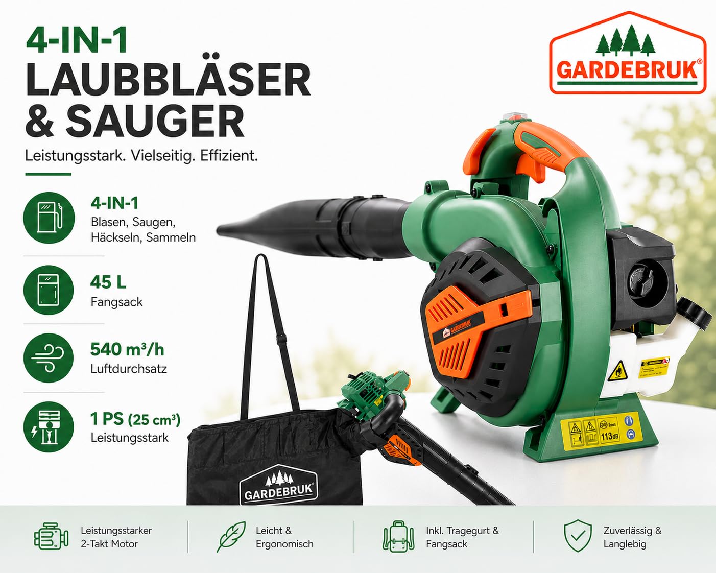 GARDEBRUK® Laubsauger 4 in 1 Benzin Blasgeschwindigkeit 68m/s Fangsack 45L inkl Werkzeug Laubbläser Häcksler Gartensauger