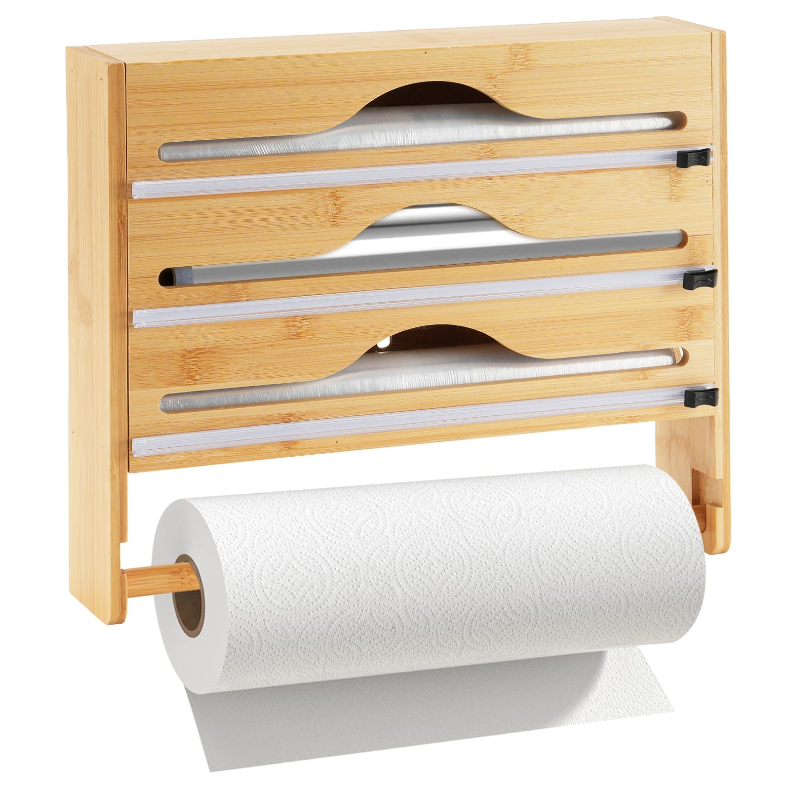Autumndeer Frischhaltefolienspender mit Cutter, 3 in 1 Alufolienspender mit Schneider, Küchenrollenhalter aus Bambus, für Alufolie, Frischhaltefolie und Wachspapier, Wandmontage Rollenhalter