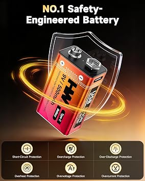 HW 9V Rechargeable Lithium Batteries 4 Pack, 500mAh USB-C, 3-Hour Charge