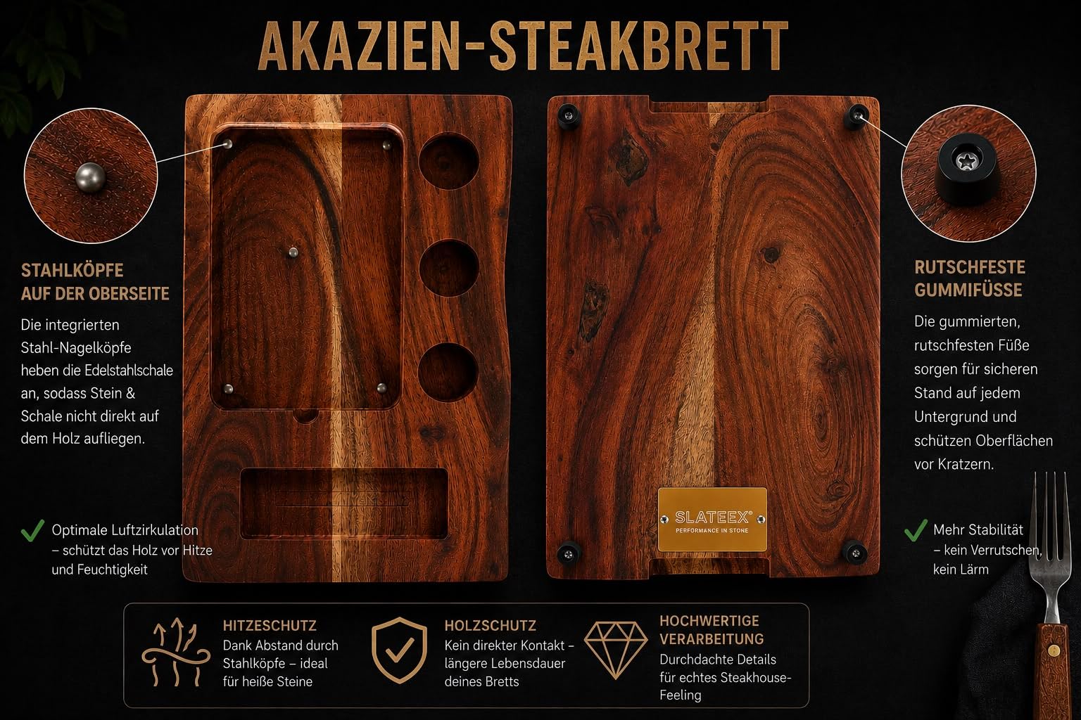 Heißer Stein Steak Set mit Akazienholzbrett – Lavastein zum Grillen am Tisch, Steakstein mit Edelstahlschale & 3 Dip-Schalen, Hot Stone Grill für Steak & Fleisch