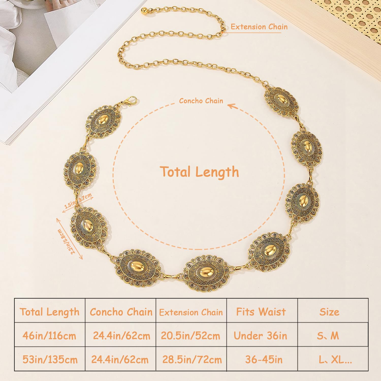 Western Concho Chain Belt for Women Boho Metal Belts For Country Concert Dresses Jeans Cowgirl Vintage Waist Belt