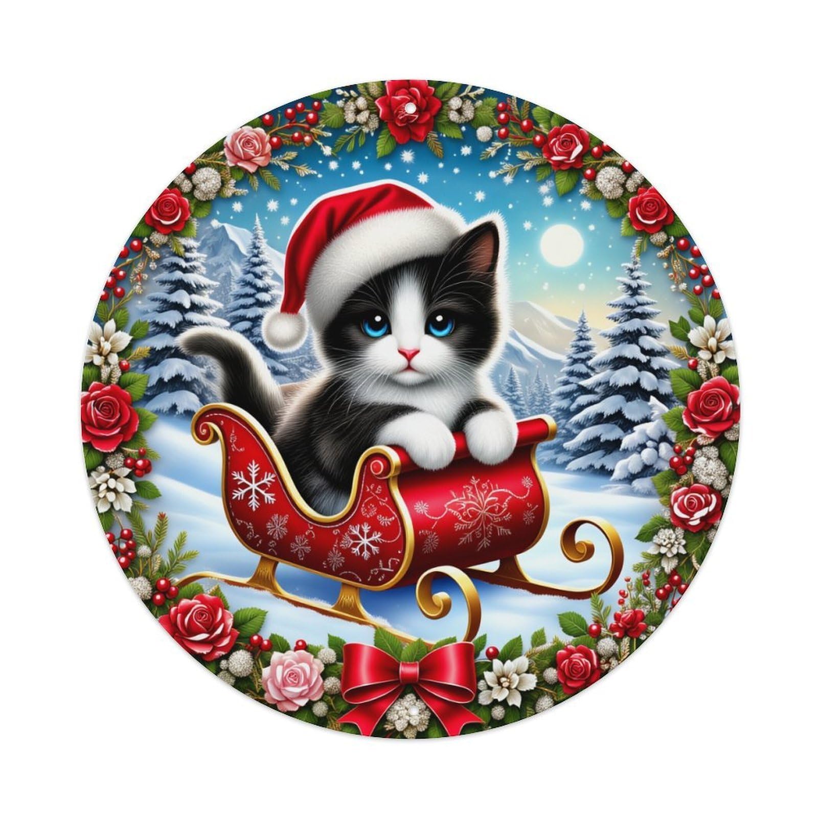 Christmas Cat Sleigh Winter Scene Round Tin Sign Vintage Metal Poster, Home Bar Garage Man Cave Cafe Indoor & Outdoor Wall Decoration 8x8Inches