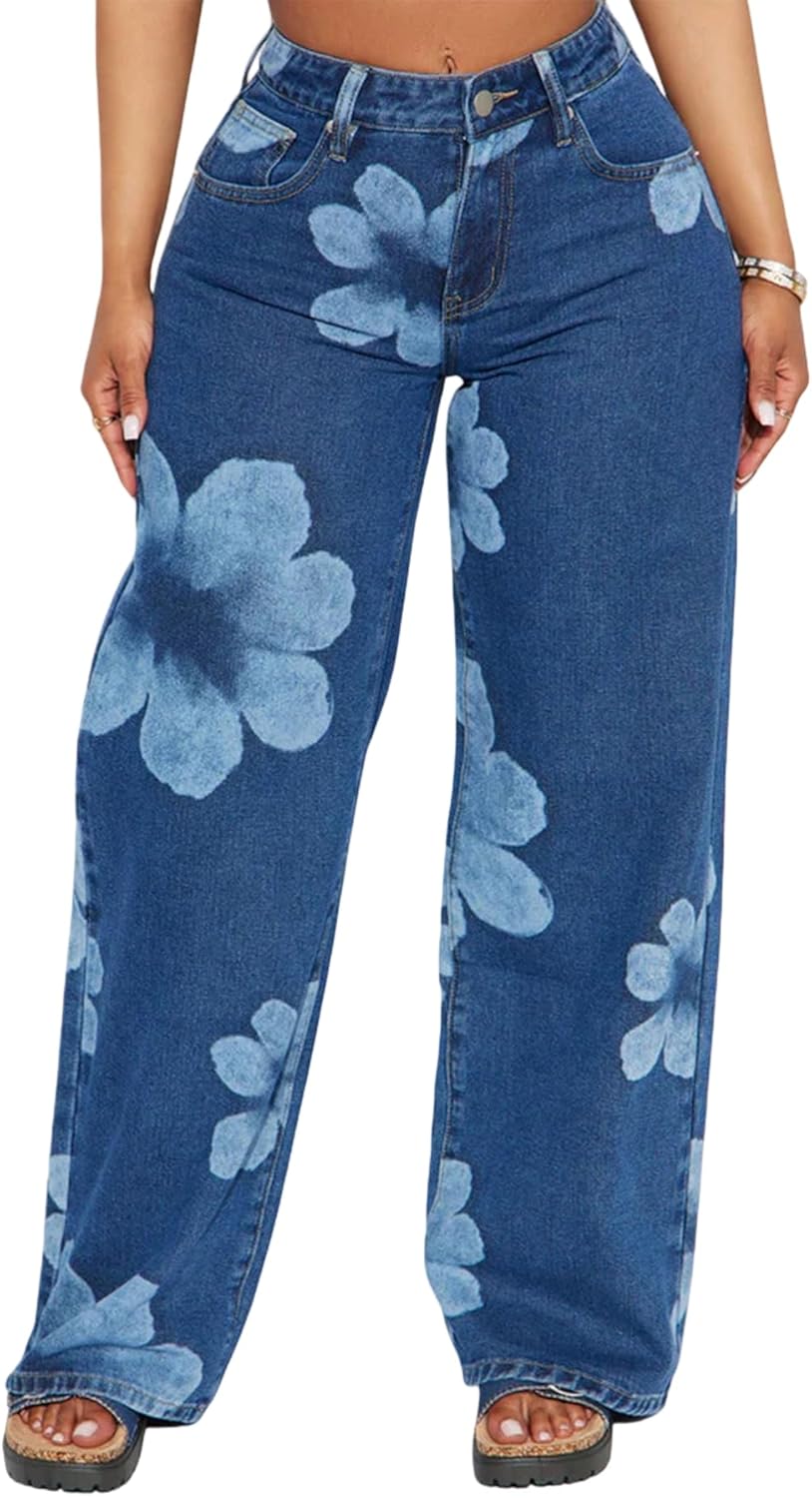 Women's Y2k Barrel Jeans Floral Printed High Waist Wide Leg Denim Pants Baggy Boyfriend Loose Fit Vintage Jeans