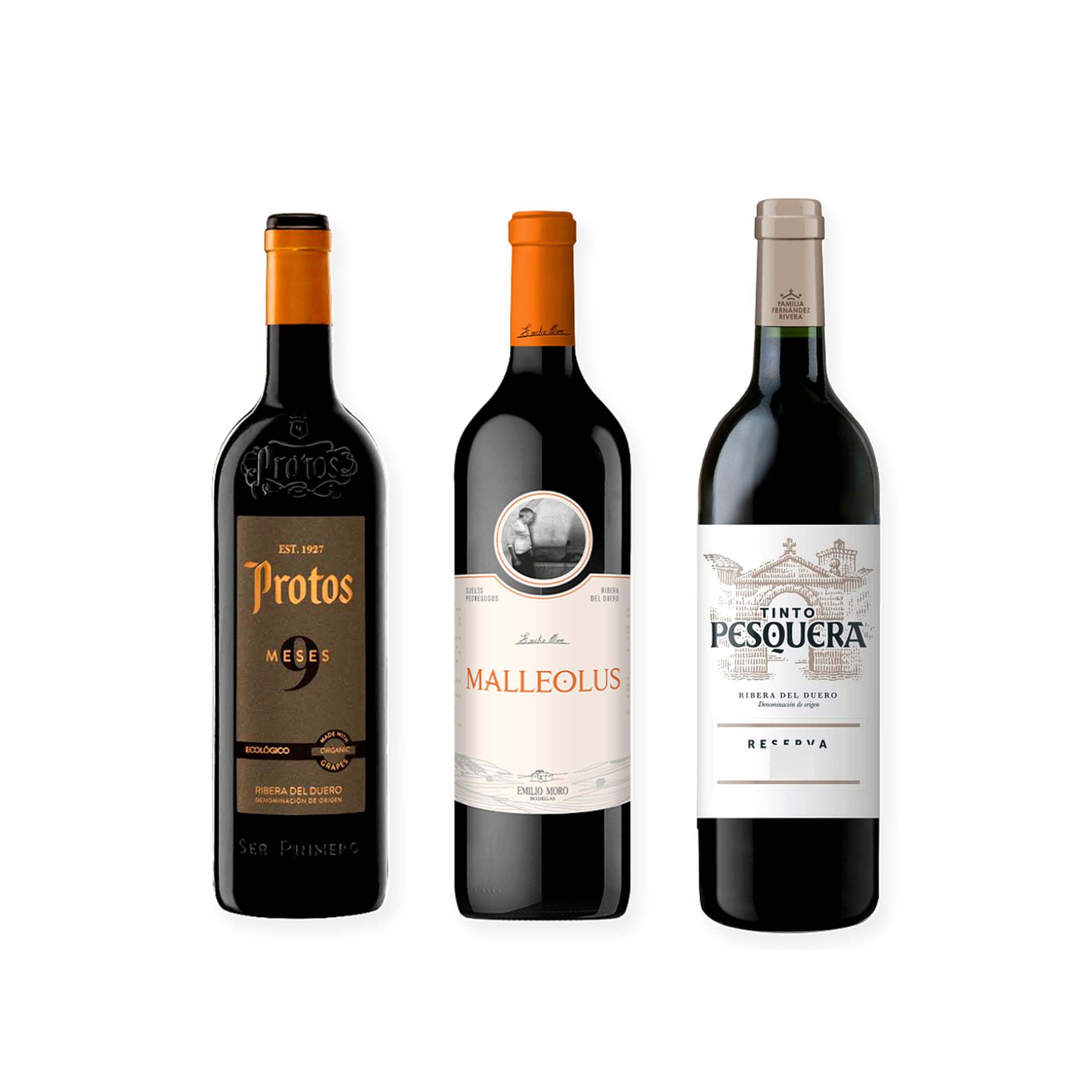 vino tinto Ribera del Duero Protos 9 Meses, Malleolus y Pesquera Reserva pack de 3 botellas 75 cl