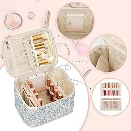 OCHEAL Travel Makeup Bag, Cosmetic Bags for Women Makeup Case Organizer Large Capacity Travel Toiletry Bag Storage Bags with Divider and Handle for Cosmetics Toiletries Brushes Tools-Blue Floral