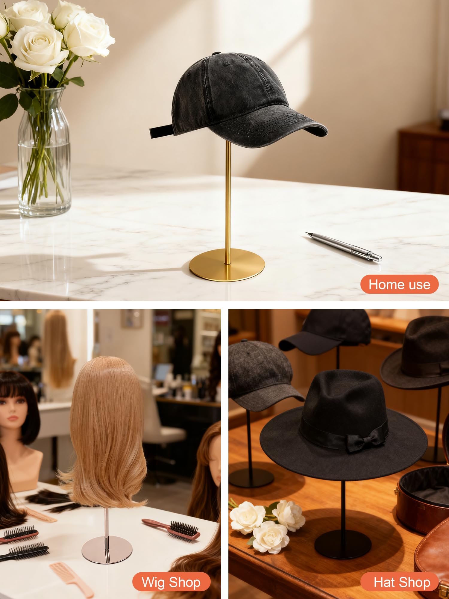 Espositore per cappelli in metallo in acciaio inossidabile dorato Supporto per cappelli da 30-55 cm regolabile in altezza a cupola con tesa, supporto per cappelli da cowboy, porta cappelli da