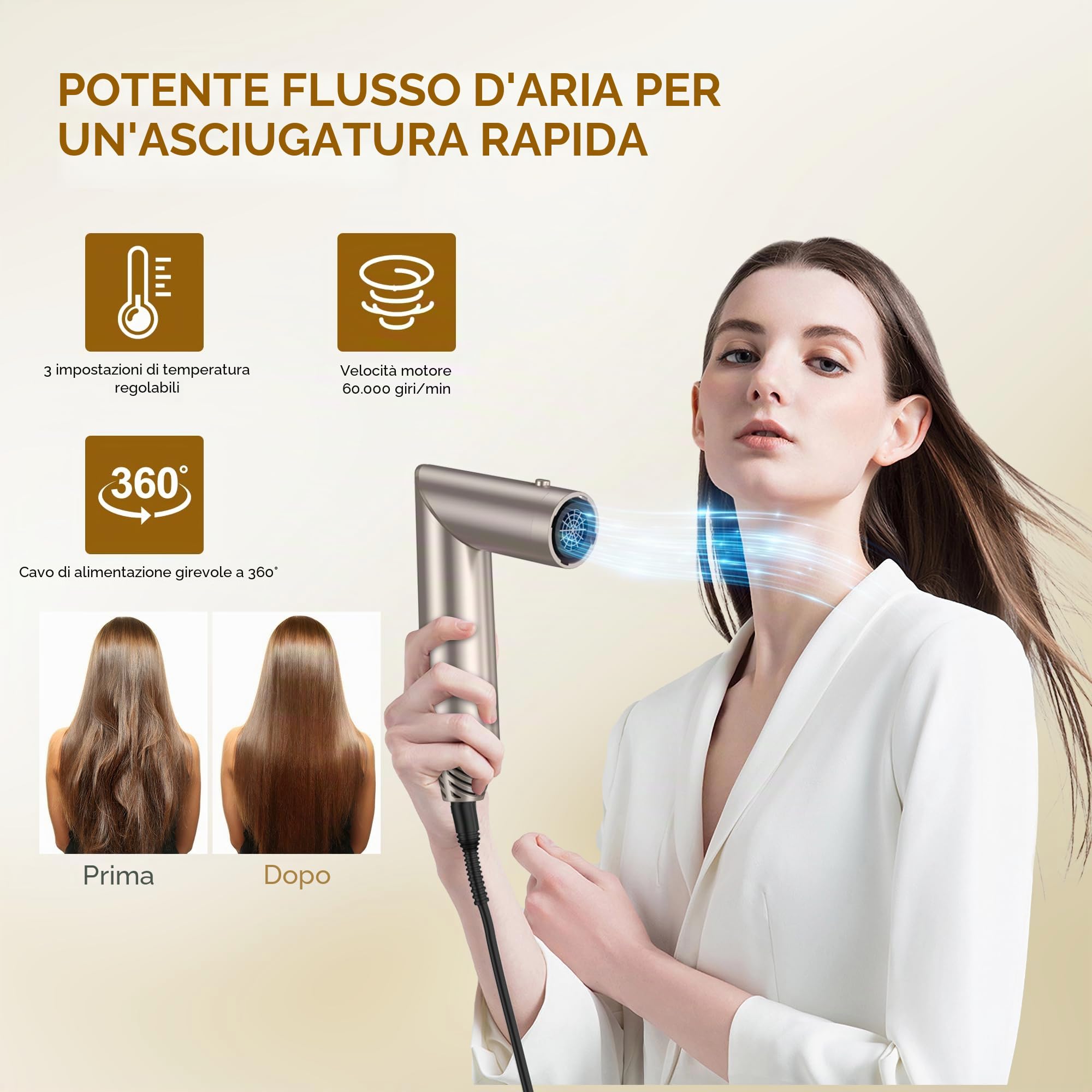 Modellatori Capelli Spazzola Ad Aria Calda con Diffusore, 6 in 1 Air Styler Spazzola Asciugacapelli, Hairstyler Phon Capelli con Arricciacapelli Ad Aria Volumizzante Spazzola Lisciante, Platino-oro