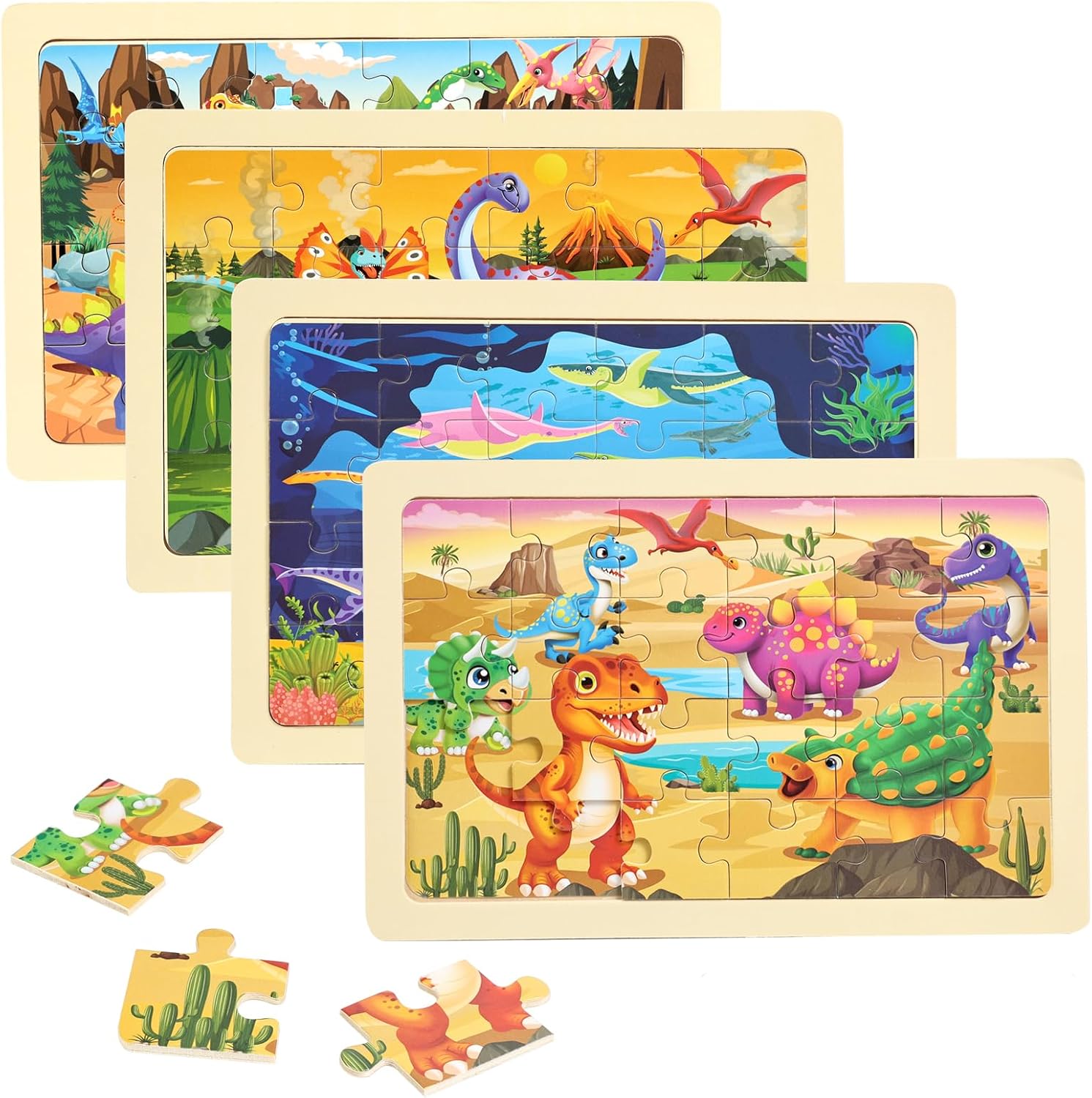 Wooden Puzzles Dinosaur Toys for Kids Ages 3-5, Set of 4 Packs with 24-Piece Wood Jigsaw Puzzles, Preschool Educational Brain Teaser Boards for Boys and Girls 3 4 5 6 Years Old