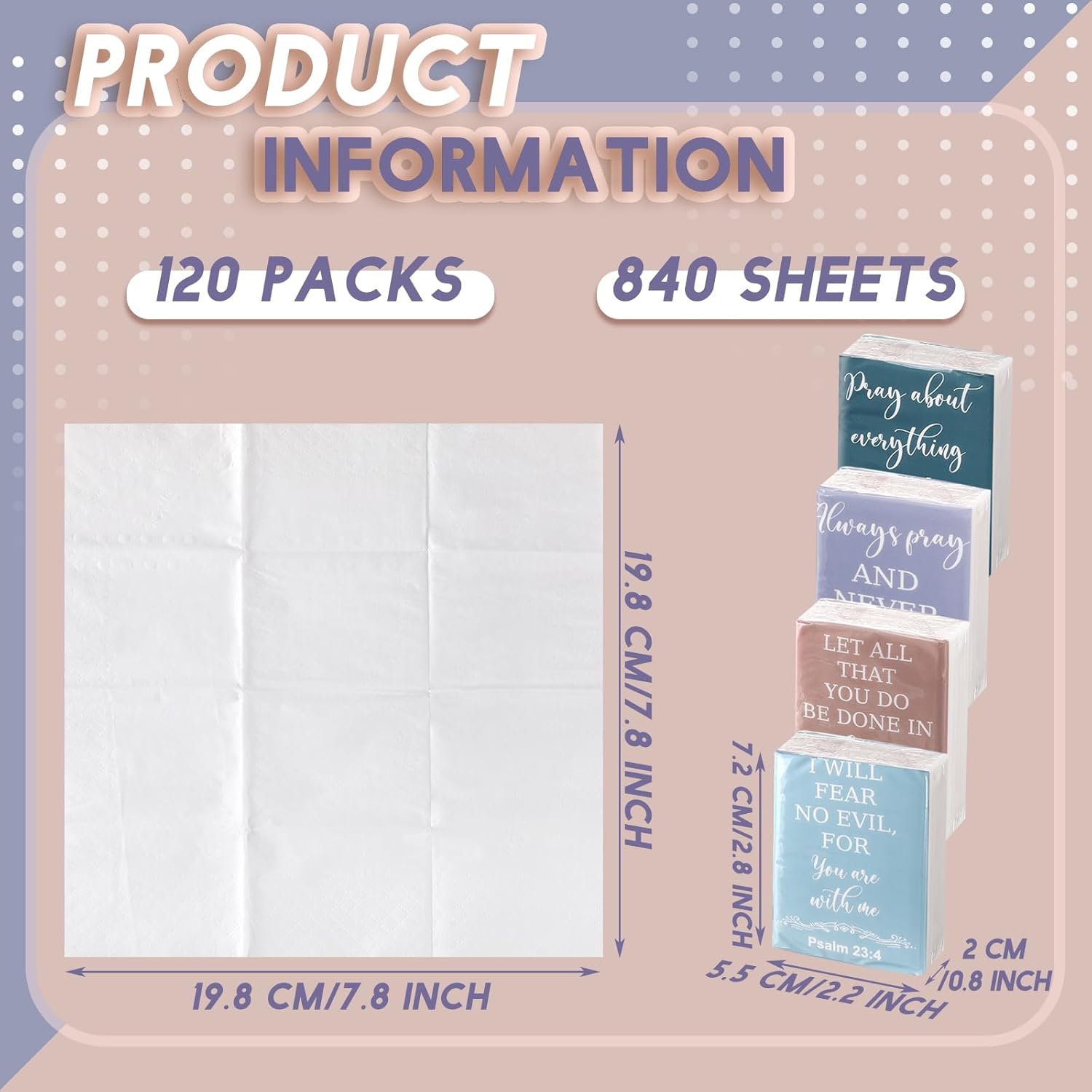 Seajan 120 Pack Christian Travel Tissues 3 Ply Bulk Bible Verse Pocket Tissues Travel Size Individual Christian Bulk Gift Pack for Wedding Party Homeless Gift(Plain Color)