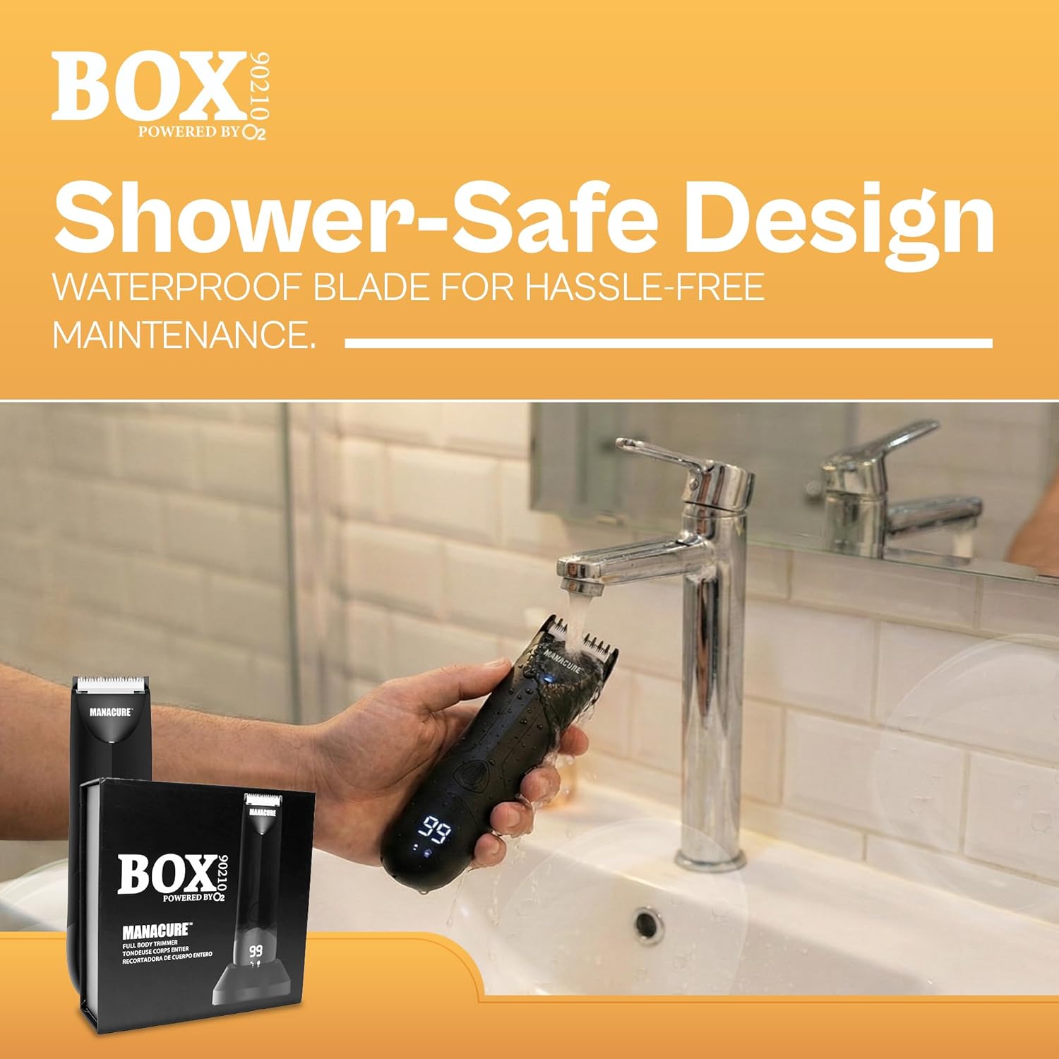 MANACURE Full Body Trimmer – Waterproof Ceramic Blade Groomer with Skin Protect Technology, LED Light, Adjustable Guard & Rechargeable Battery for Safe Body & Groin Care, by BOX90210