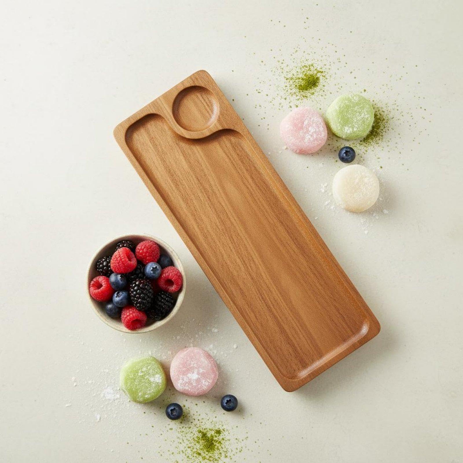 Bandeja Rectangular de Servicio en Madera de Acacia con Portavasos Fijo Y Acabado Suave para Múltiples Usos Adecuada para Hoteles Y Residencias, 3 Piezas