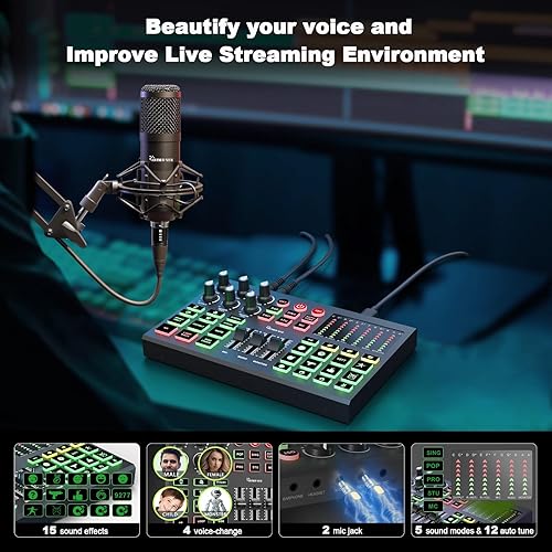 Miniatura 6 de Paquete de equipo de podcast para 2, mezclador de DJ de interfaz de audio totalmente metálico con micrófono de podcast, cambio de voz, 48 V para