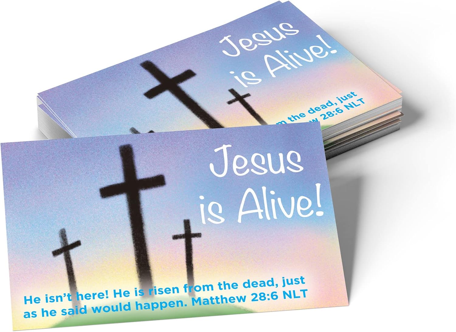 Jesus is Alive (Calvary), Matthew 28:6, Bulk Pack of 25 Affirmation Scripture Cards for Kids, Pass it On Christian Bible Verse Cards for Sunday School, Childrens Church, & Youth Group Ministry