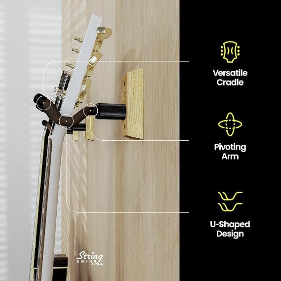 String Swing Guitar Hanger - Holder for Electric Acoustic and Bass Guitars - Stand Accessories Home or Studio Wall - Musical Instruments Safe Without Hard Cases - Oak Hardwood CC01K-O 2-Pack
