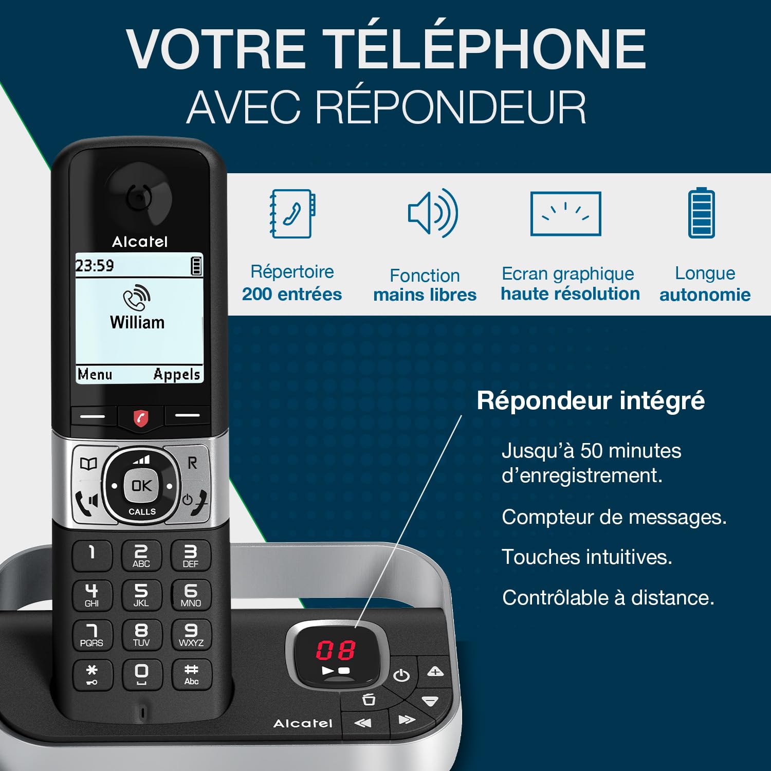 ALCATEL F890 Voice - Téléphone Fixe Sans Fil DECT Avec Répondeur - Écran Graphique Haute Résolution - Mains Libres - Blocage Des Appels - Sonnerie VIP - Répondeur 50 Min - Noir/Gris