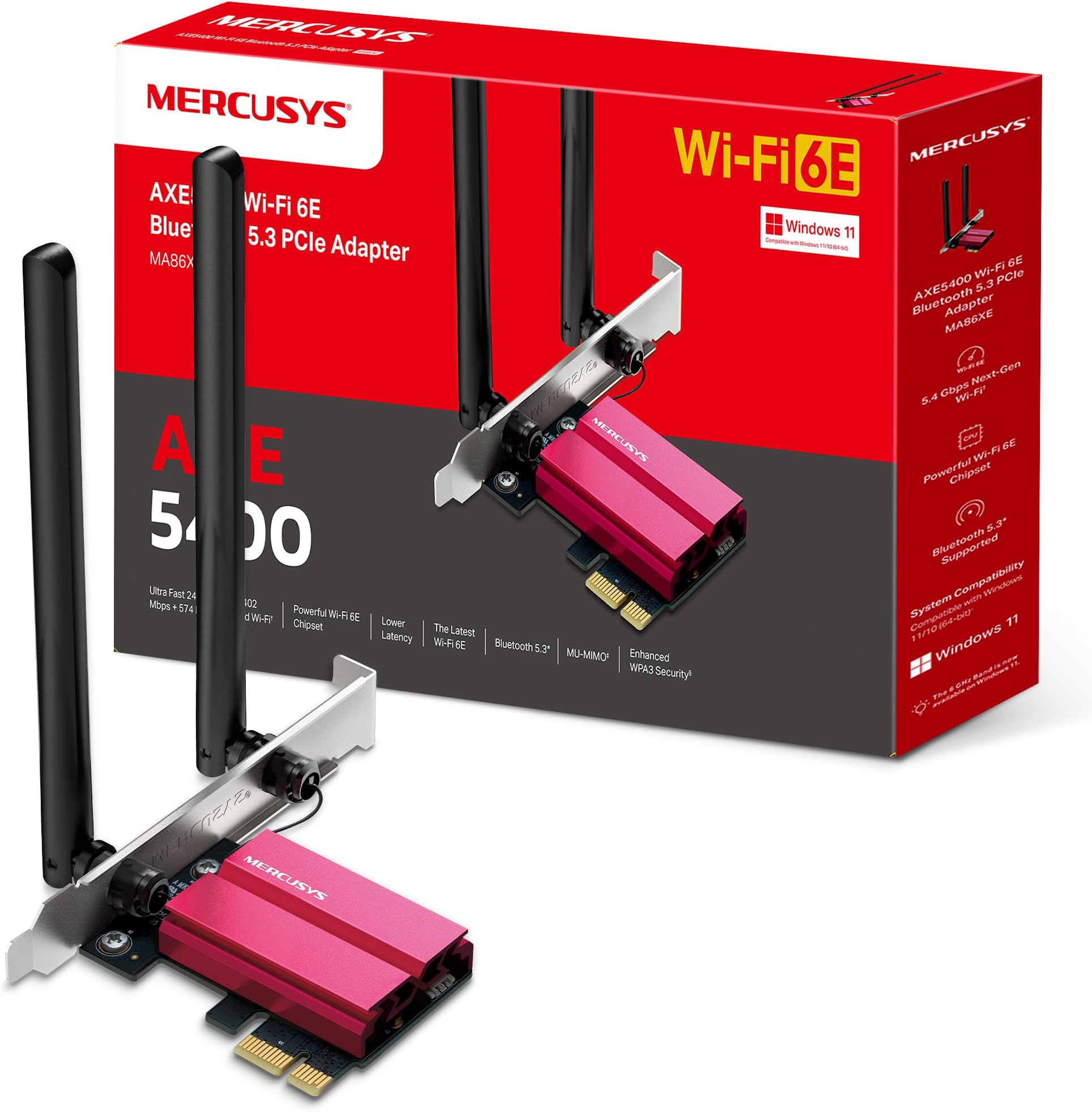 – Mercusys MA86XE WiFi Card, PCIe WiFi Card, WiFi 6E AXE5400 Tri-Band, Two Antennas Bluetooth 5.2, OFDMA, MU-MIMO,Low Latency, WiFi 6 Chipset, Latest WPA3, Supports Windows 10/11(64bit)